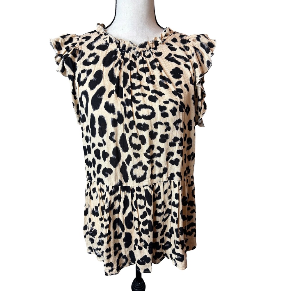 Main Strip Leopard Print Ruffle Cap Sleeve Peplum Top Tan Black NWT Medium